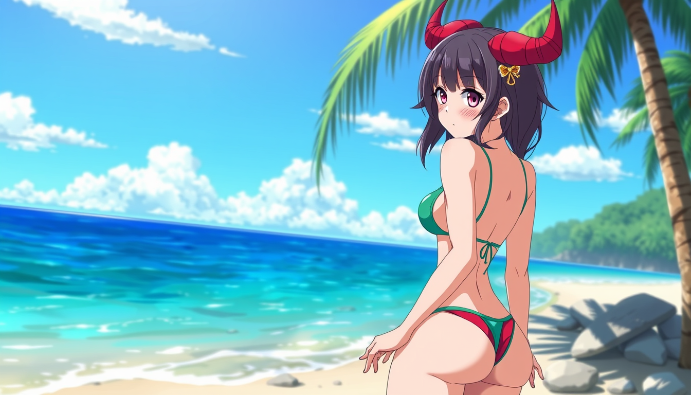 Anime idea: anime style, vibrant colors, expressive eyes, Mitsuri from demon slayer at the beach in a bikini with her back turned to me and also still keeping eye