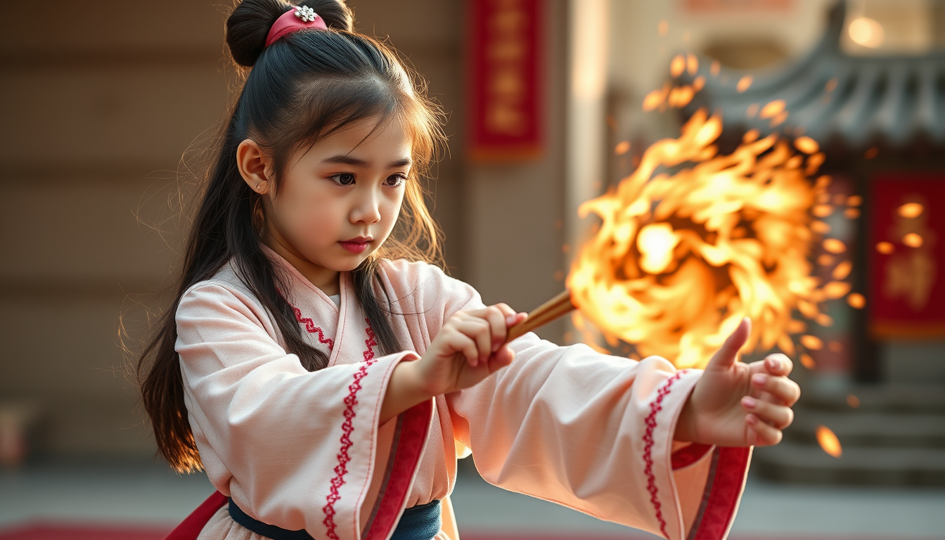 Main art studio: Show the baby girl to be of 5 years and studying and learning the art of combat. Art style can be like manhua