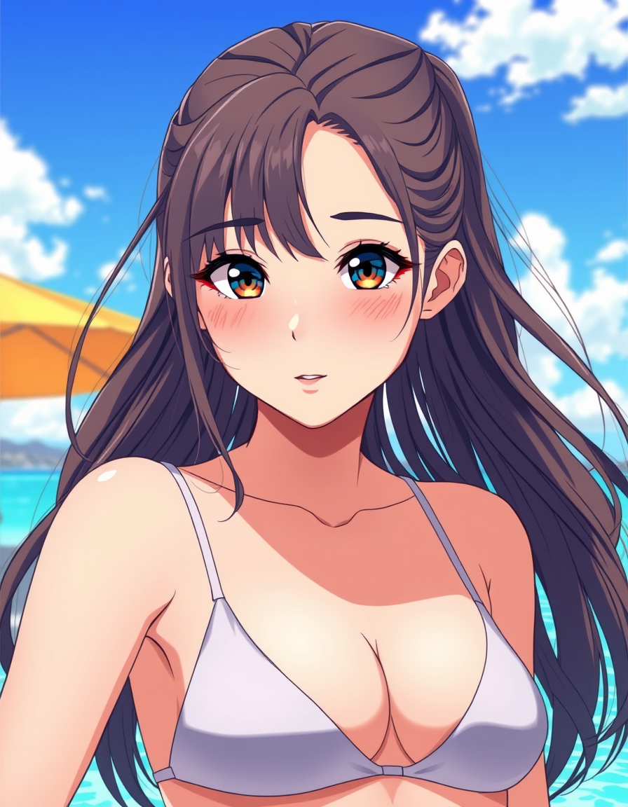 Photo To Anime idea: anime style portrait from the photo, cel shading, vibrant anime colors, expressive eyes, Full-body image of a female college student whose swimsuit ha