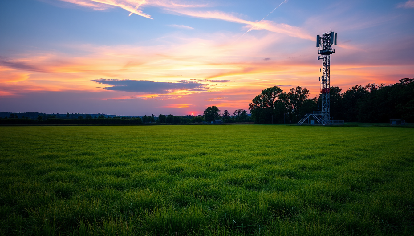 Main art studio: Make a cell tower on the right side of the image that is on a grassy but small field make the field smaller better Make it sunset and a little bit sma