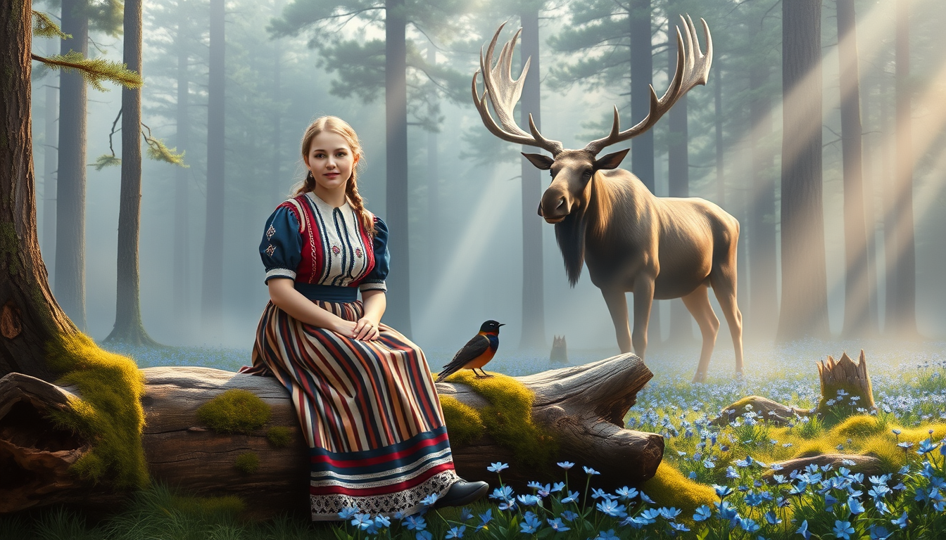 Main art studio: An oil painting of an Estonian folklore scene. A young woman in traditional Estonian folk costume with a striped skirt sits on a mossy log. A barn swa