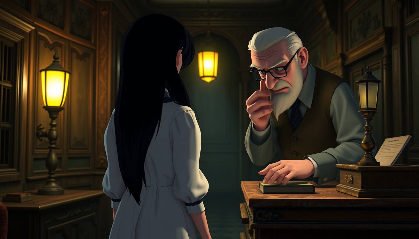 Main art studio: High-quality 3D animated horror cartoon style. Inside an old haunted hotel reception at midnight, Ayesha, the same young woman with long black hair we
