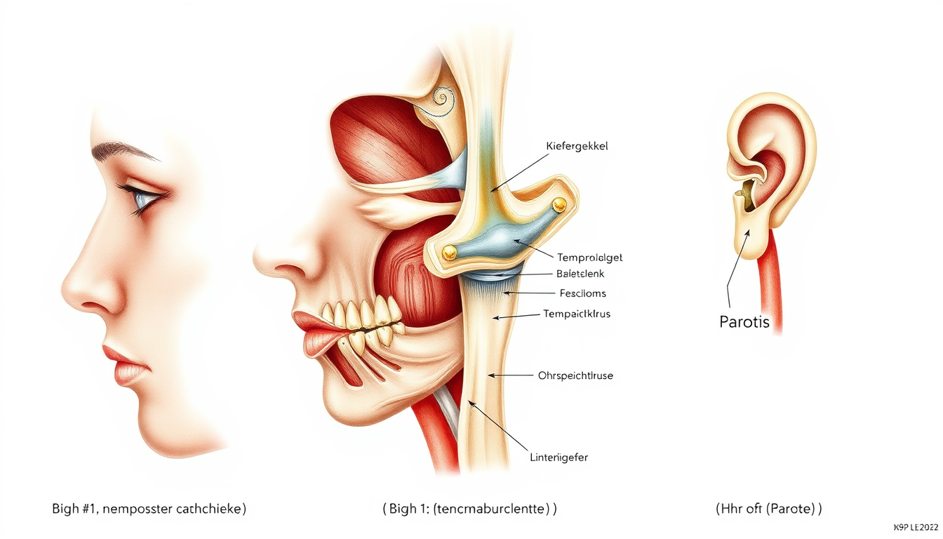 Main art studio: „Erstelle drei separate, realistische medizinische Anatomie-Illustrationen der linken Gesichtsseite, jeweils mit sichtbarer äußerer Gesichtsoberfläche