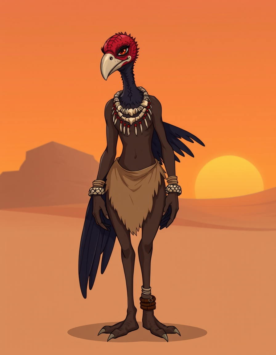 Main art studio: Furry OC, Anthro turkey vulture character, young tribal femboy, slender lithe humanoid femboy build and proportions, thin dark brown-black body plumag