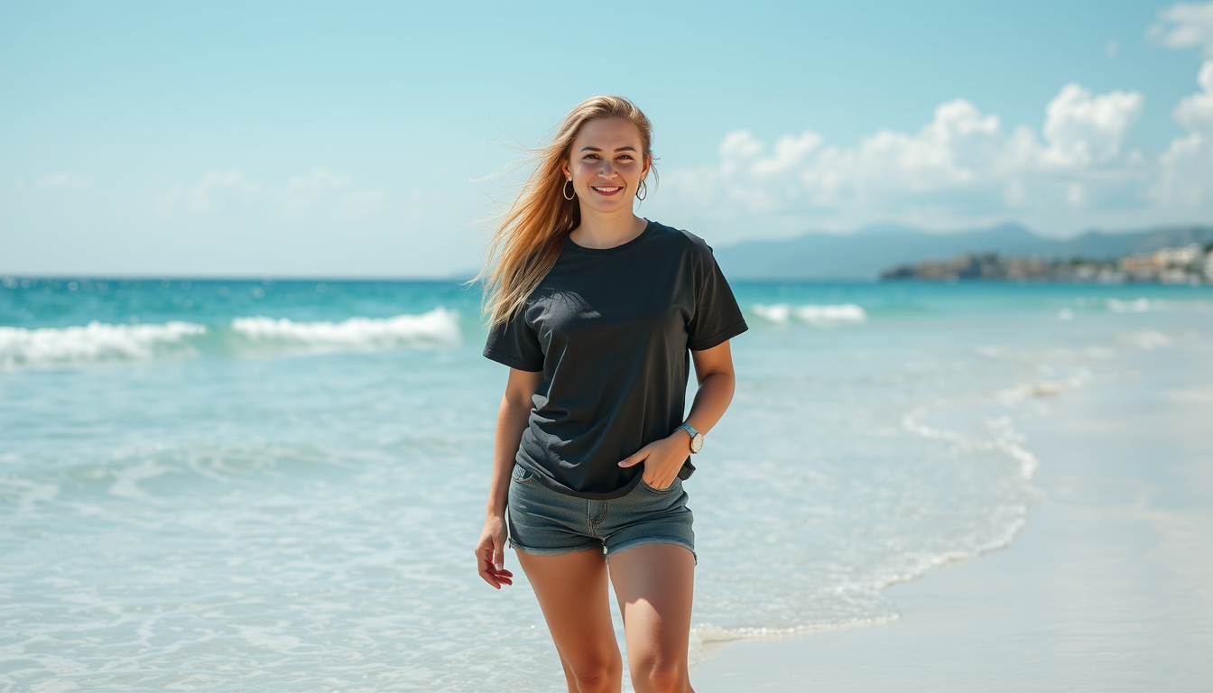 AI Art prompt example created from the prompt: Create a picture of Michaela Kaniber in T-Shirt an Shorts at the beach