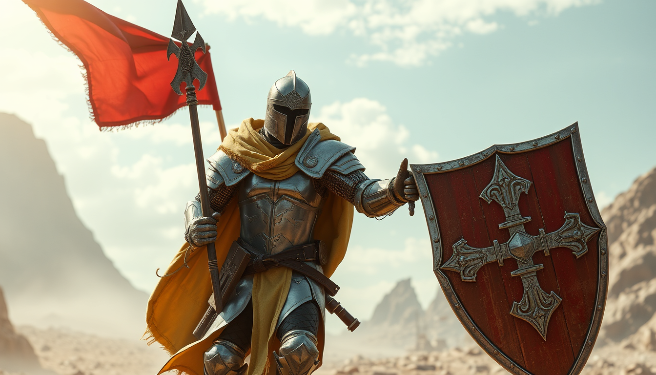 Main art studio: Futuristic crusader wearing holy armor and wielding a holy shield as well as a cloak in a futuristic but post apocalyptic world