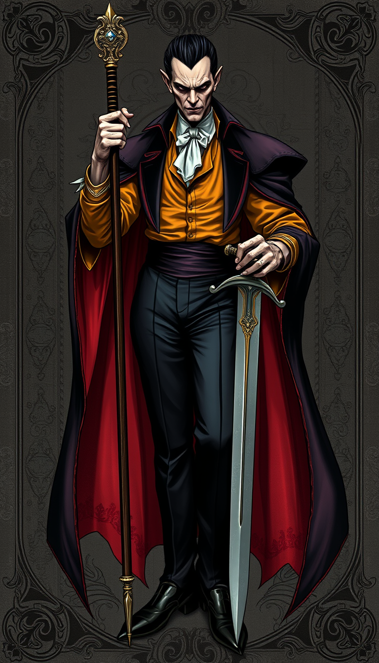 Main art studio: Vampiro gótico aristocrático, corpo alto e esguio, pele cinzenta enrugada, rosto monstruoso com olhos sombrios, presas e longas orelhas pontudas. Vest