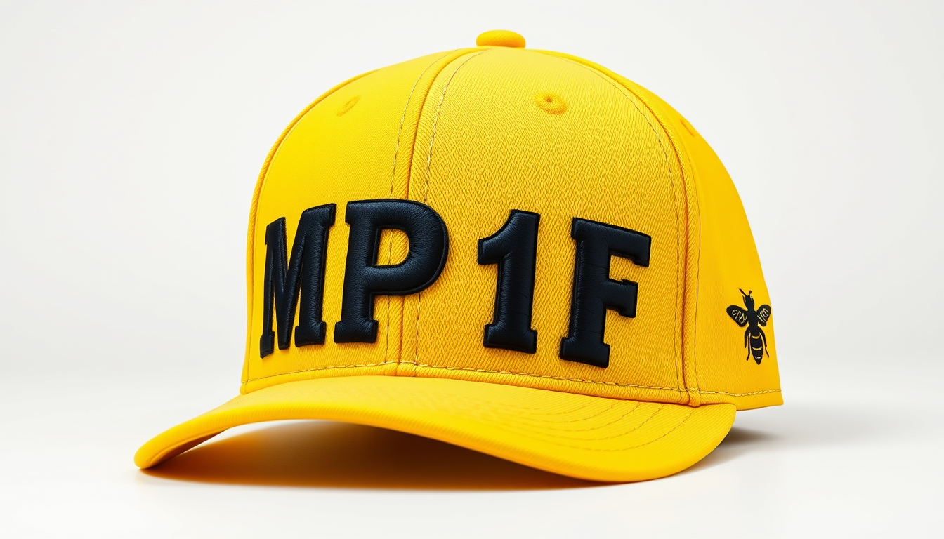 Main art studio: Realistic yellow baseball cap, three-quarter front-side view. The front must display the exact text “MP1F” with all four characters clearly visible: M