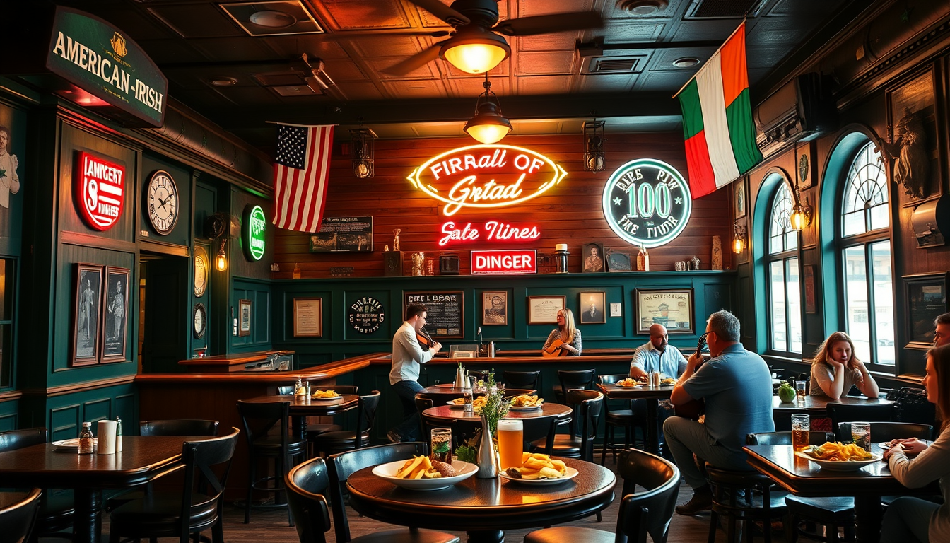 Main art studio: A realistic American-Irish fusion restaurant combining a traditional Irish pub with an American diner. Warm wooden interior, dark green colors, vintag