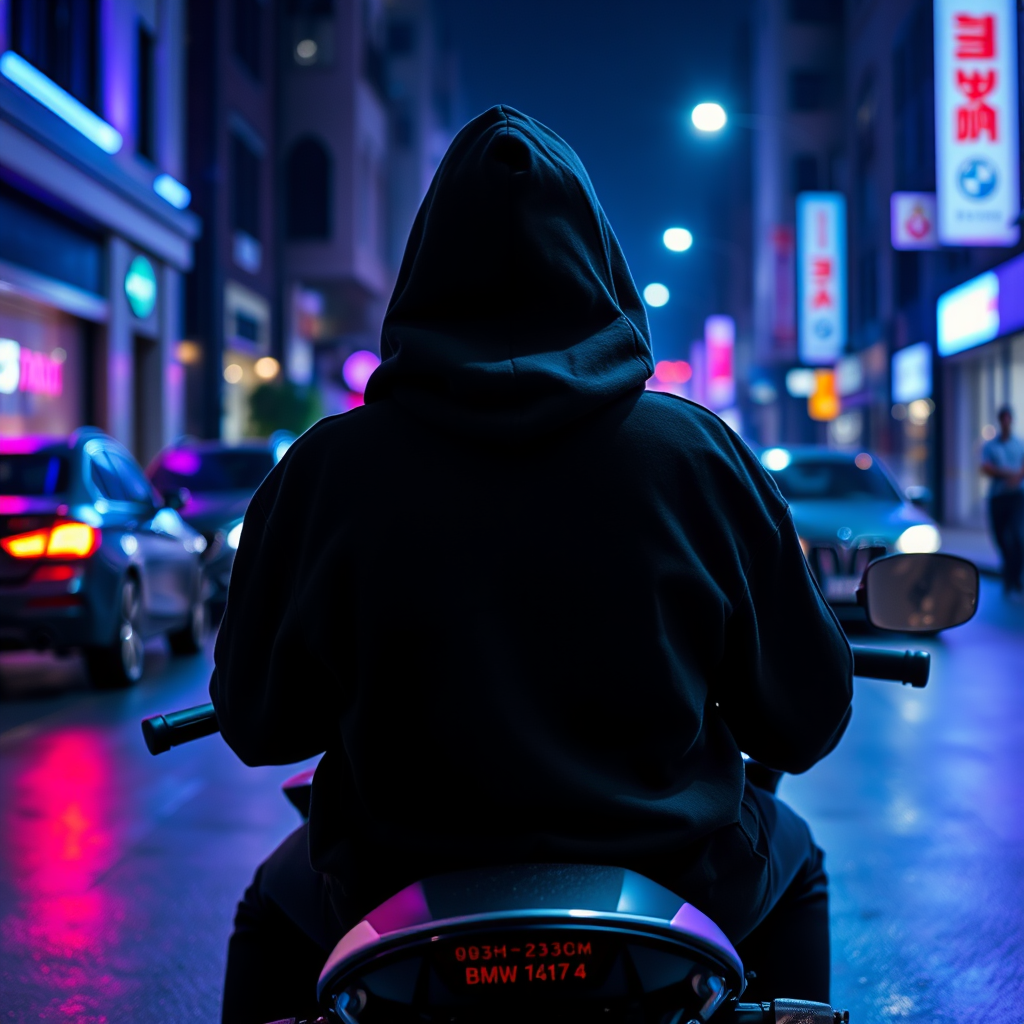 AI Art prompt example created from the prompt: Ultra-realistic aesthetic photo of a 16–17-year-old boy wearing a black oversized hoodie, sitting on a black BMW at night. Camera positioned