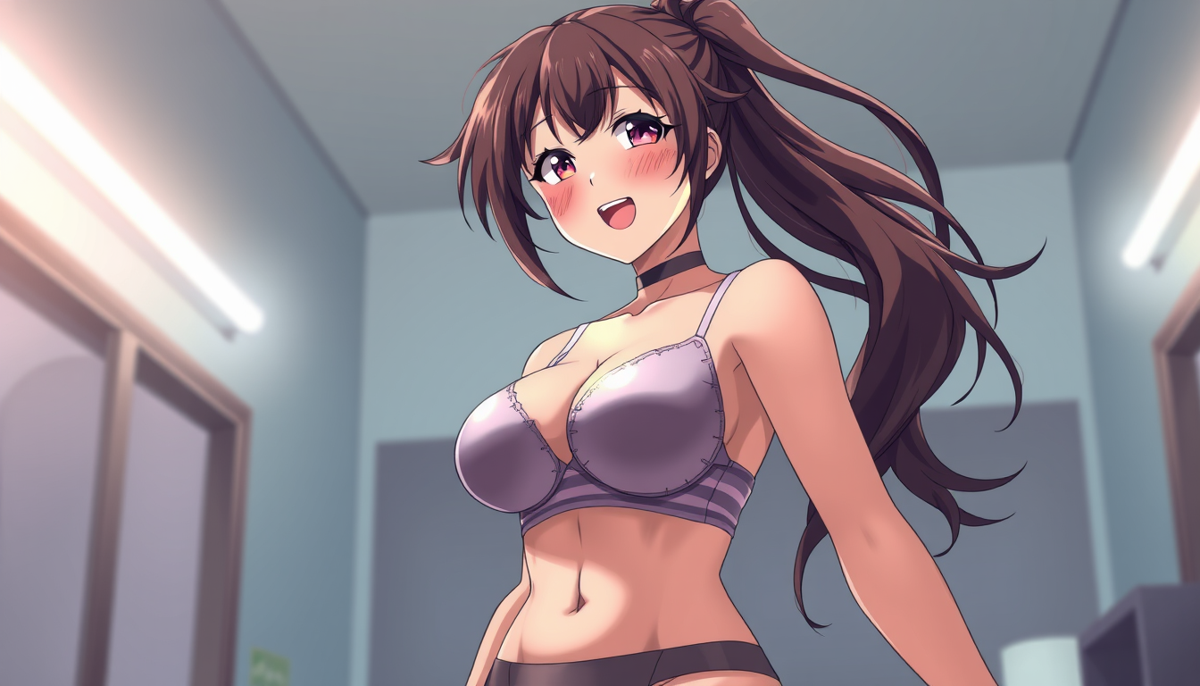 Main art studio: hot anime girl wearing innerwear super curvy and massive bs revealing full body transparent bra full body and face ponytail hairstyle white tongue out