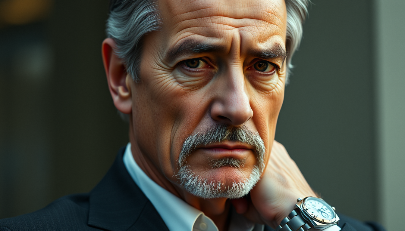 Main art studio: Photorealistic cinematic portrait of Daniel Thorn, fictional 60-year-old billionaire businessman. Silver-gray hair, short neat gray beard, dark brown 
