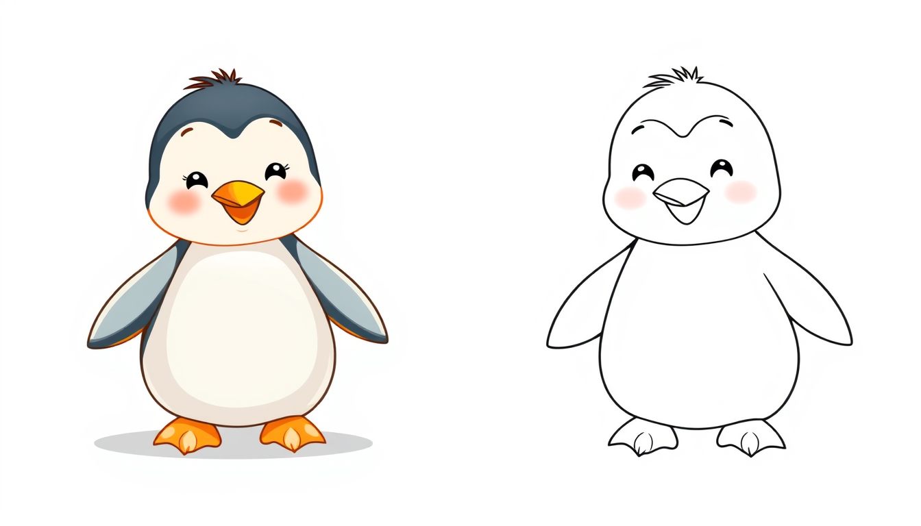 AI Art prompt example created from the prompt: Generate an image with a colored illustration of 'baby penguin waddling' on the left side, and the same illustration in a black-and-white ou