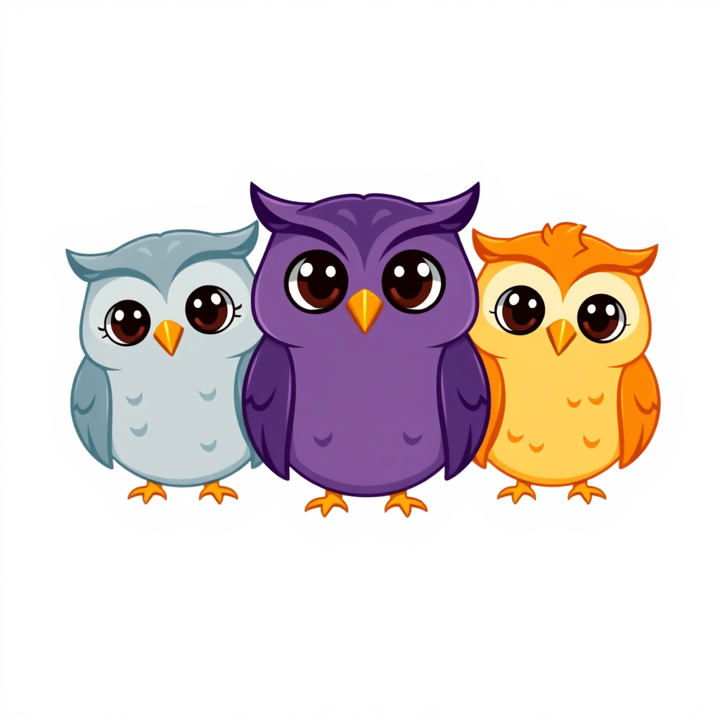 Main art studio: Modern university study app mascot, exactly three adorable cartoon owls side by side. Heads slightly turned toward center, natural spacing. All eyes f