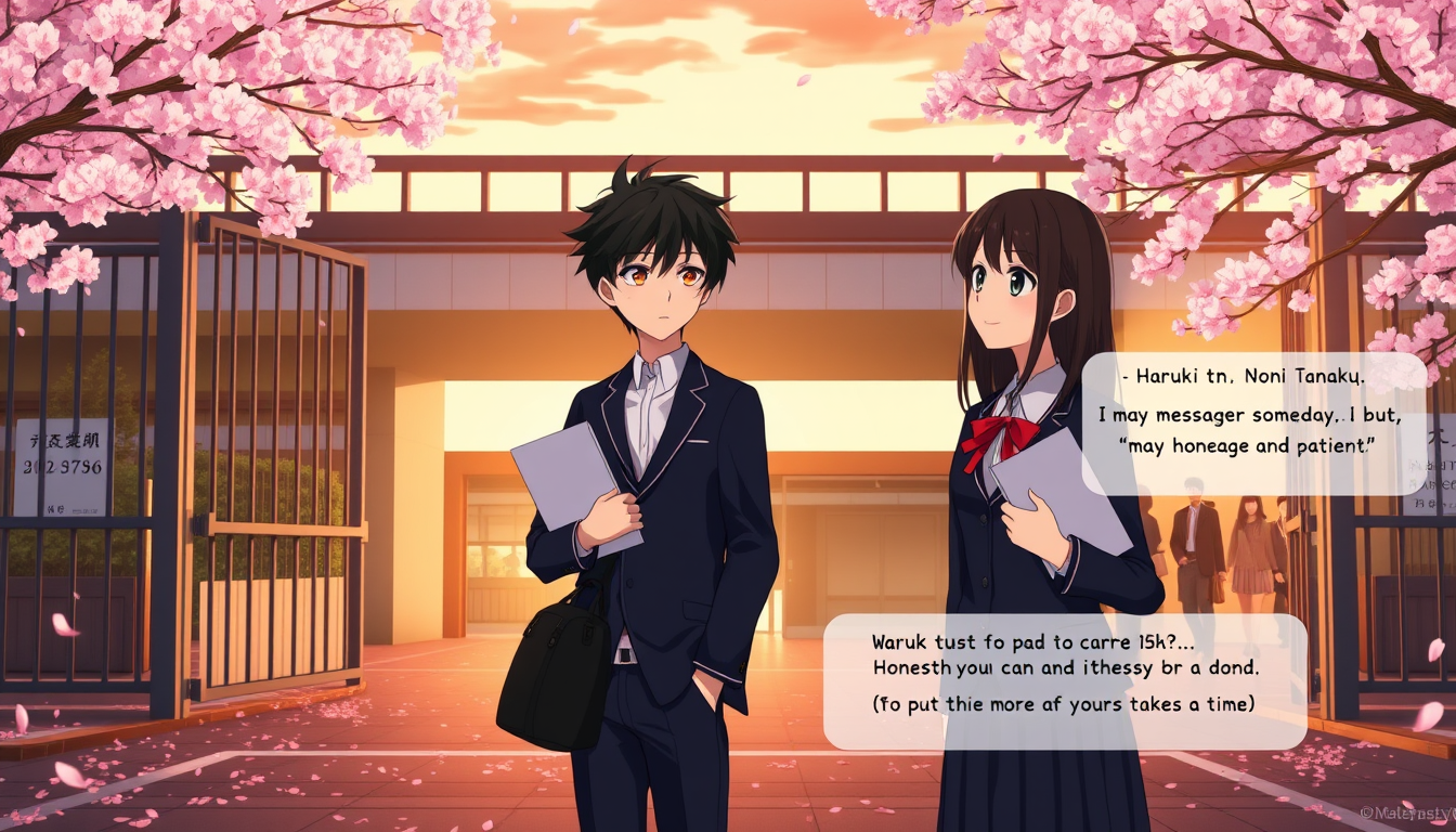 Main art studio: Create Scene 15 of the original cinematic Japanese anime romance movie October Theory. At the gates of a Japanese high school after graduation, Haruki