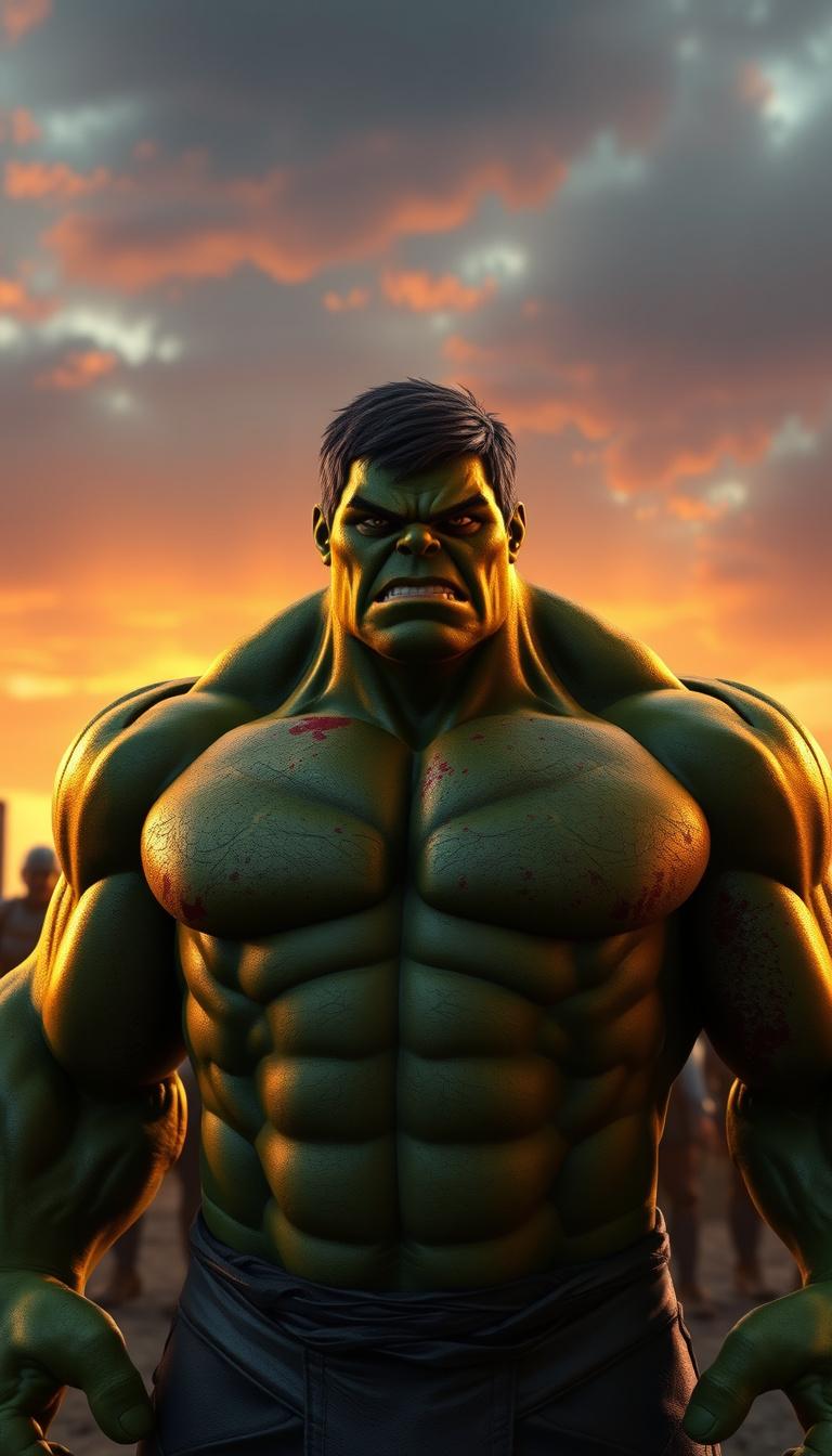 Main art studio: Ultra realistic 3D Hulk standing after victory, slightly injured but brave, defeated enemies behind him, sunset background, emotional heroic expressio