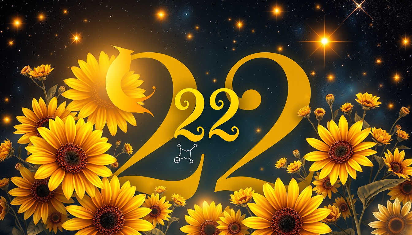 Main art studio: Create a high-resolution mystical floral artwork centered around the number “22.” Surround the large, elegant number 22 with vibrant golden sunflowers