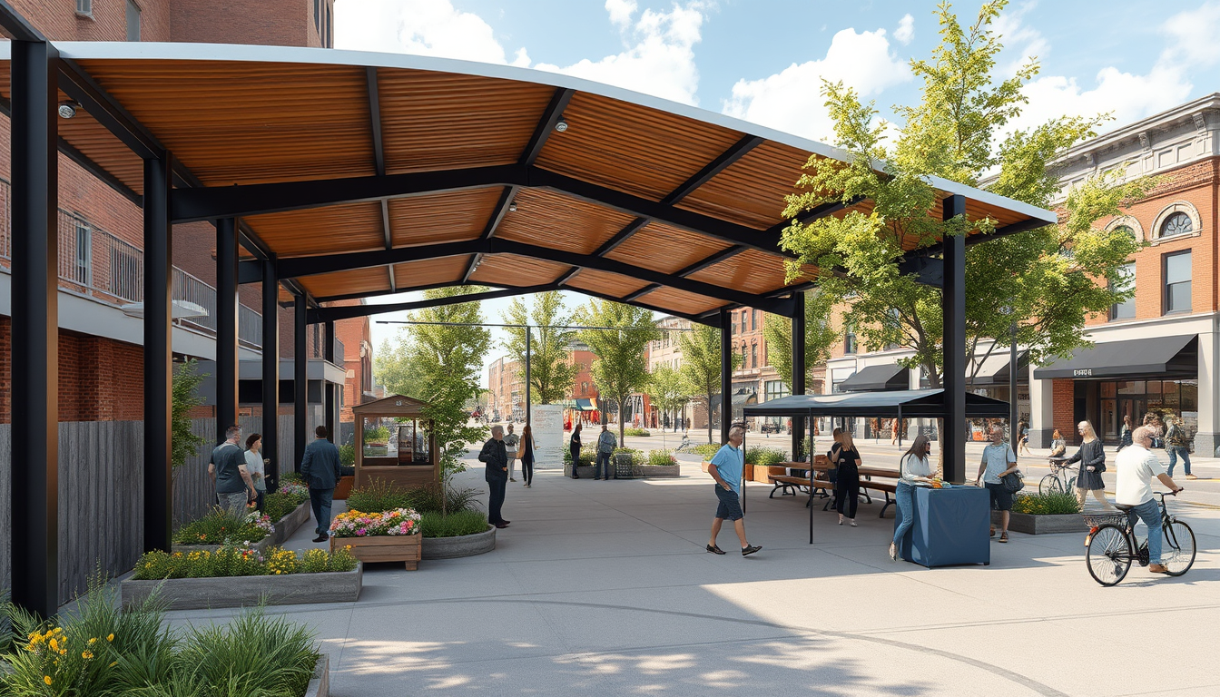 Main art studio: Realistic architectural rendering of a future neighborhood farmers market on West Lake Street in Minneapolis. Transform a vacant urban lot into a vibr