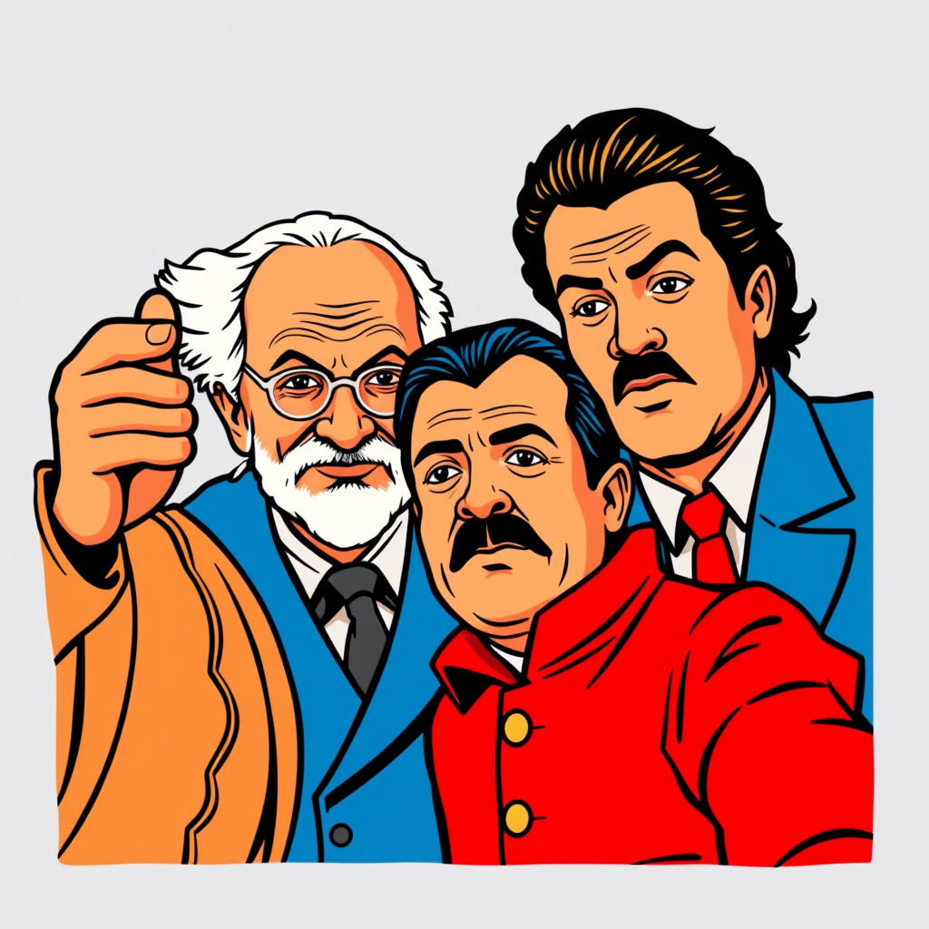 Main art studio: :::writing{variant=“standard” id=“93625”} Einstein, Gandhi, Hitler and Michael Jackson taking a funny group selfie, iconic recognizable faces, modern
