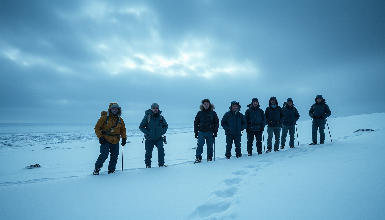 Main art studio: A group of 9 hikers standing in the frozen Ural Mountains during a brutal snowstorm, 1959 Soviet expedition, vast snowy wilderness, dark cloudy sky, i