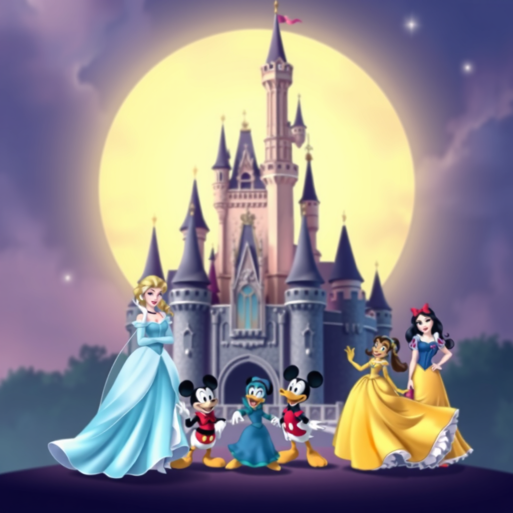 Main art studio: buat desain 1024 x 1024 dengan disney princess di bagian kiri ( elsa, atasnya cinderella, atasnya lagi snow white) sebelah kanan ada miki mouse, donal