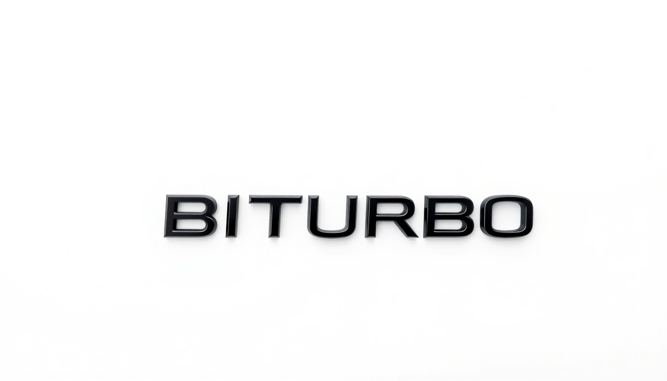 Main art studio: OEM-style automotive fender badge reading "V6 BITURBO". V6 is twice the height of BITURBO, both on the same horizontal line and vertically centered. V