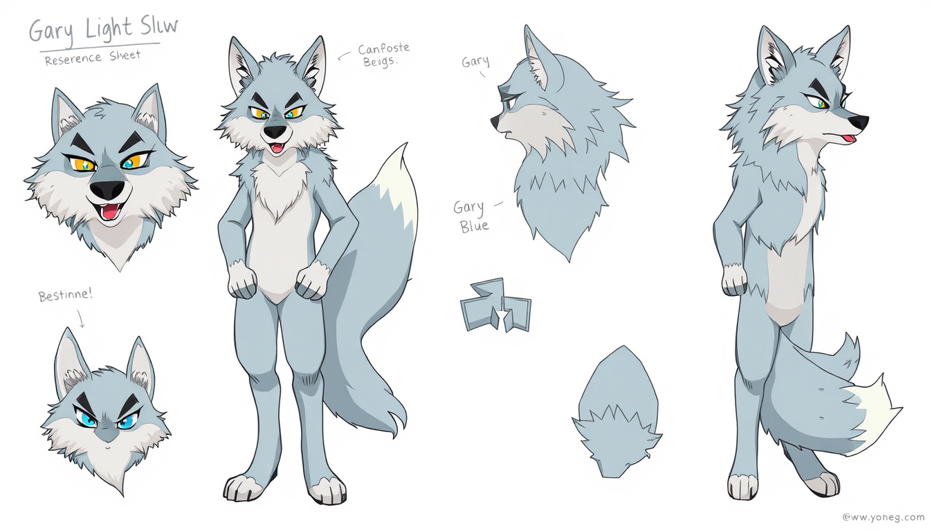 Fursona idea created from the prompt: fursona character, anthropomorphic animal design, expressive personality, reference sheet style, gary and light blue wolf fursuit, good deta