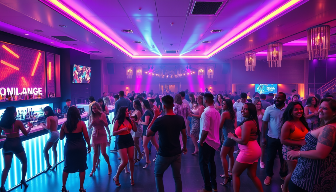 AI Art prompt example created from the prompt: Ultra-photorealistic interior of an EXTRA-LARGE upscale Honolulu nightclub at night. Wide establishing shot from an elevated corner, showing