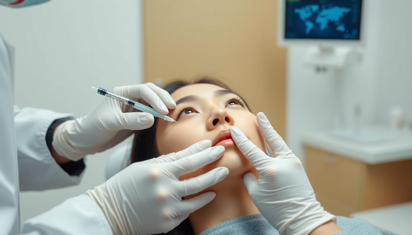 Main art studio: Create a high-quality 19:6 thumbnail image for a dermatology/plastic surgery Botox treatment. Feature a fictional Korean patient receiving a Botox inj