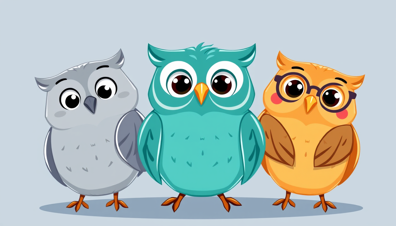 Main art studio: Professional mascot logo for a modern university study app. Exactly three charming owl characters side by side. Left owl is blue-gray, looking slightl