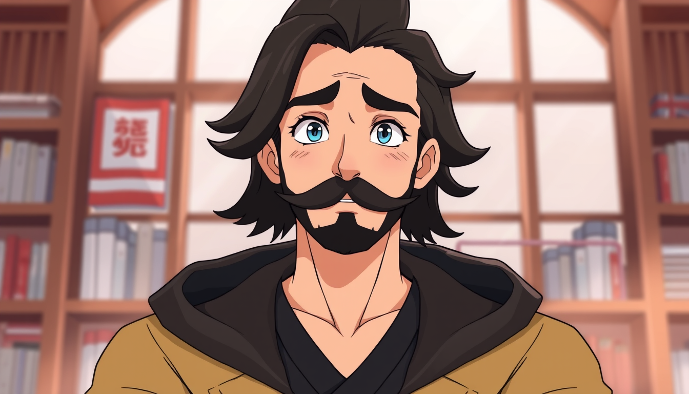 AI Art prompt example created from the prompt: i want a profie picture of a man with black a tiny beard and animated like a 2d anime charitor