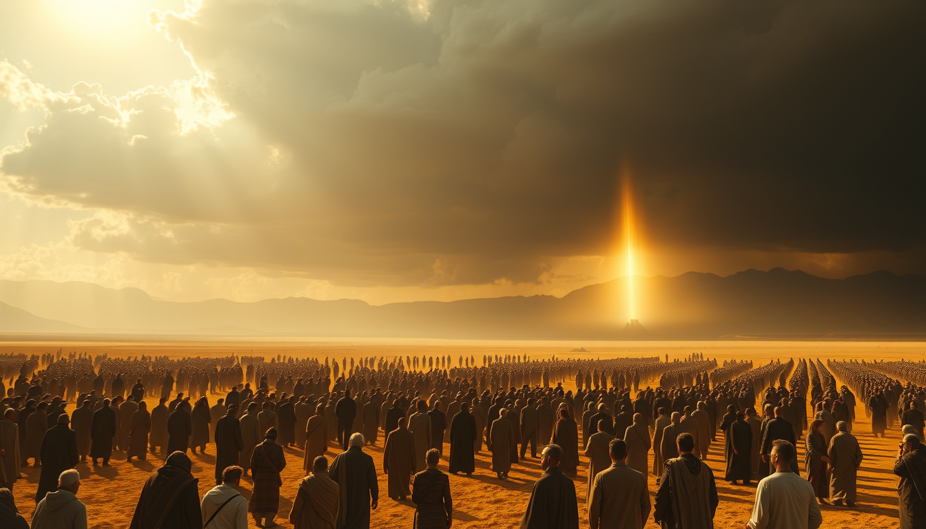 Main art studio: Cinematic Day of Judgment scene, countless people standing across a vast golden desert, enormous mountains visible in the far background, blazing sunl