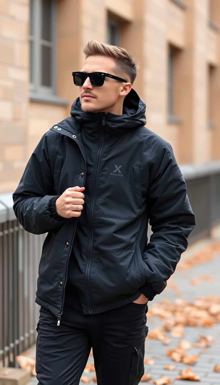 AI Art prompt example created from the prompt: creer moi une tenue avec un jgging uniqlo c noir bien large une air max 95 gore tex noir une veste beta arc teryx noir une cagoule noir et d