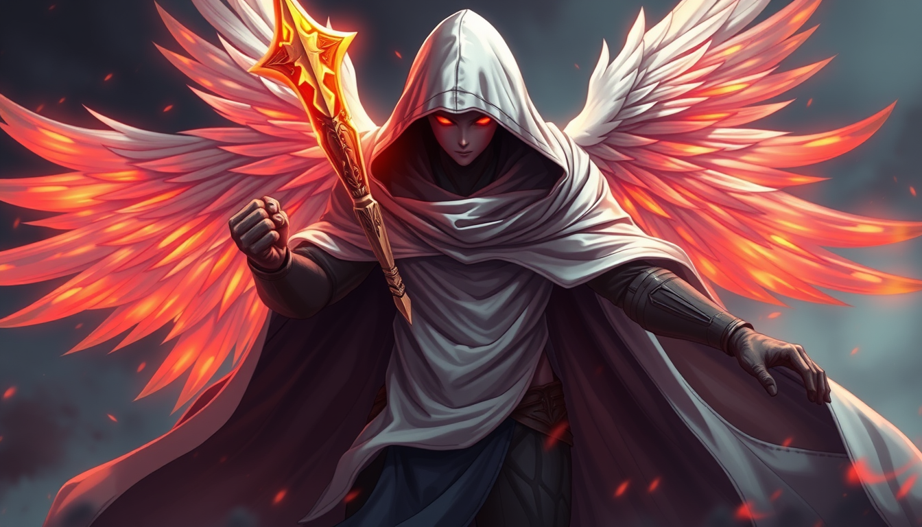 AI Art prompt example created from the prompt: Mythological angelic creature persona like from the games - anime style - mysterious hooded with white cape and gold blade - hovering - pitc