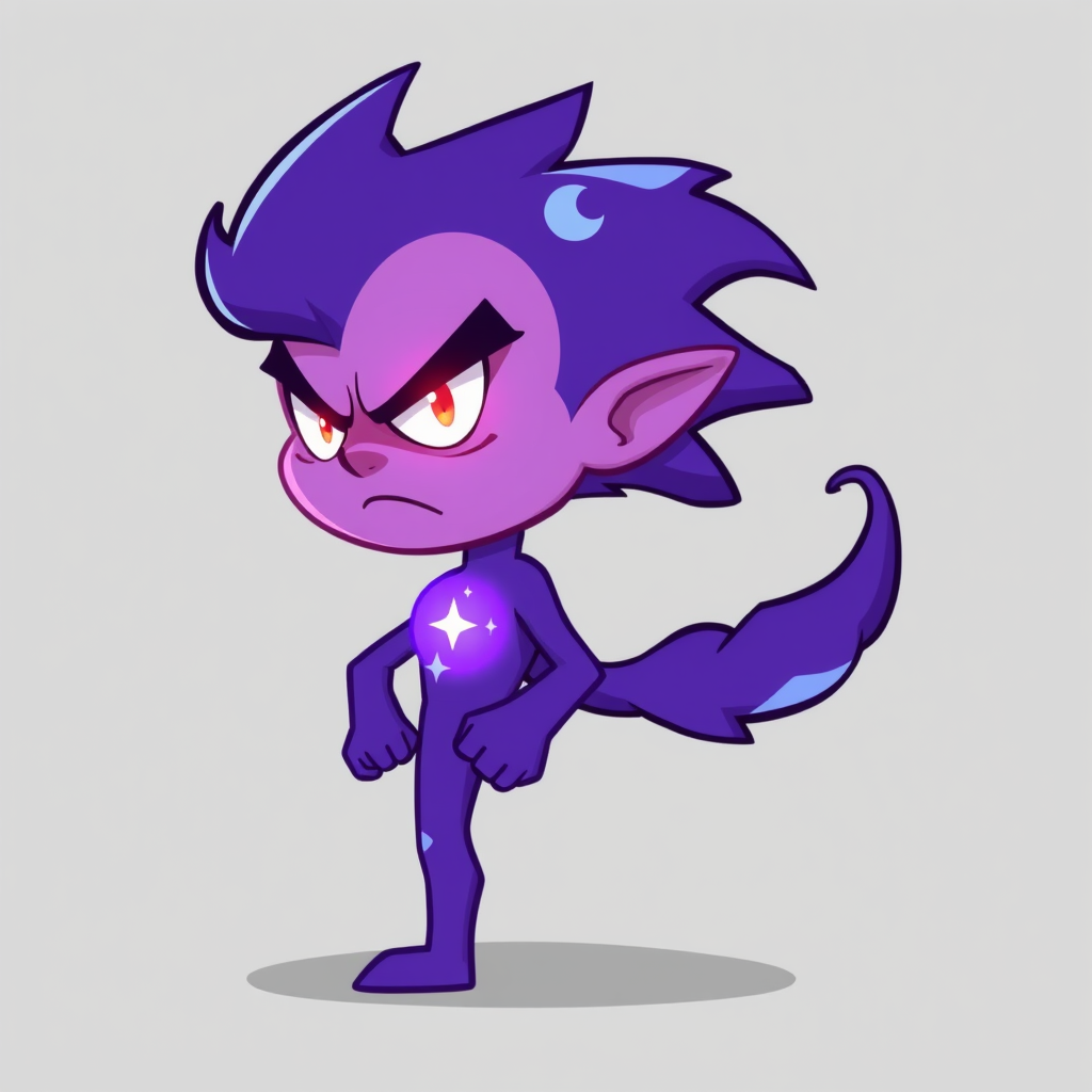 Main art studio: 2D side-view game character, facing right, serious and angry expression, confident rival personality, purple and blue cosmic energy body, glowing eyes