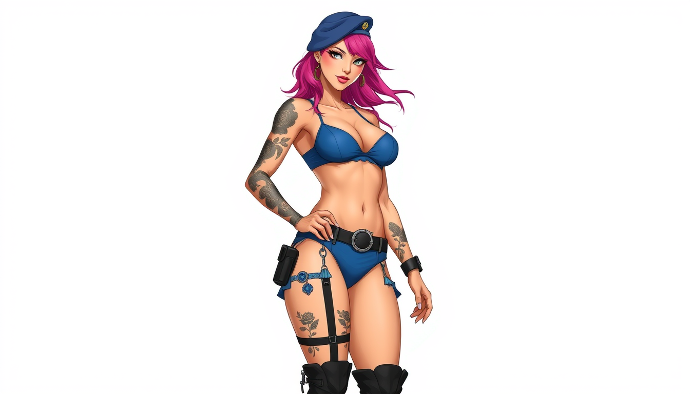 Main art studio: Jen is a very muscular tanned 35 year old woman with bright pink hair and black rose arm and leg tattoos wearing a blue two piece low cut thong bikini