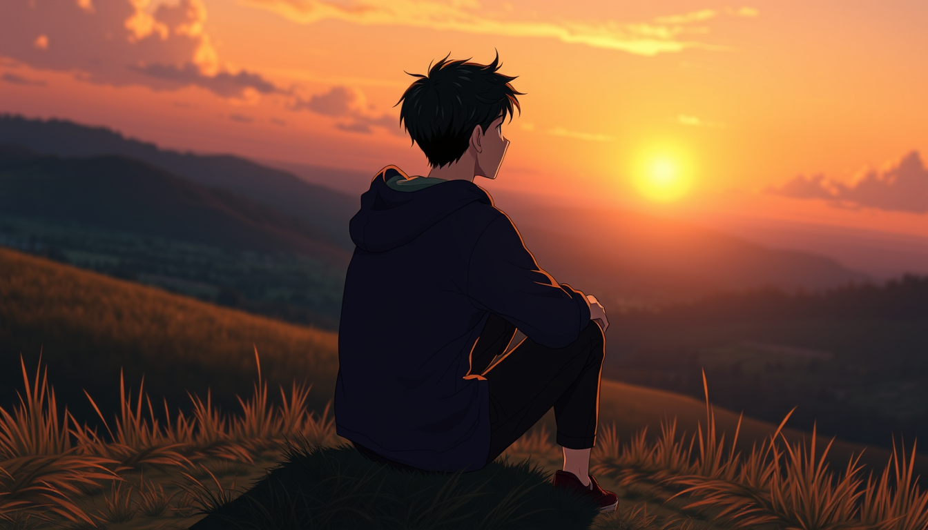 Anime idea created from the prompt: anime style, vibrant colors, expressive eyes, A young Filipino man sitting alone on a quiet hill at sunset, deeply lost in thought, elbows r