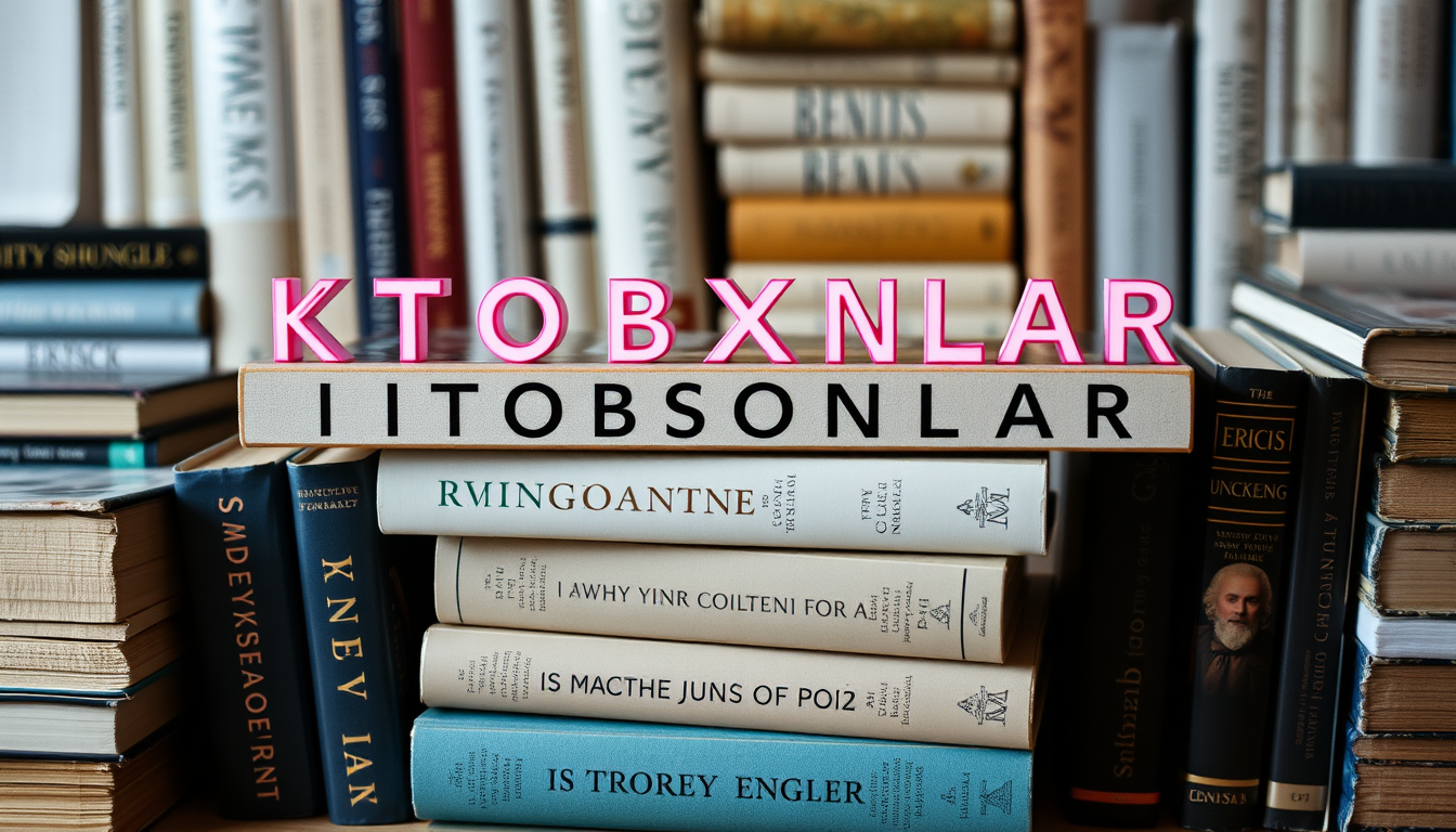 AI Art prompt example created from the prompt: many books with a word K ITOBXONLAR on top