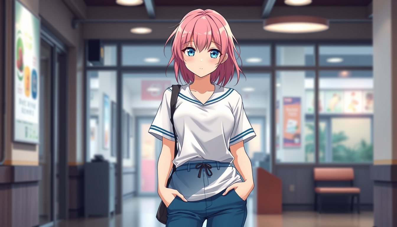 Main art studio: a full body shot of a adult anime girl in her 20's, pink hair and blue pink eyes, white t shirt / school shirt with tight blue trousers