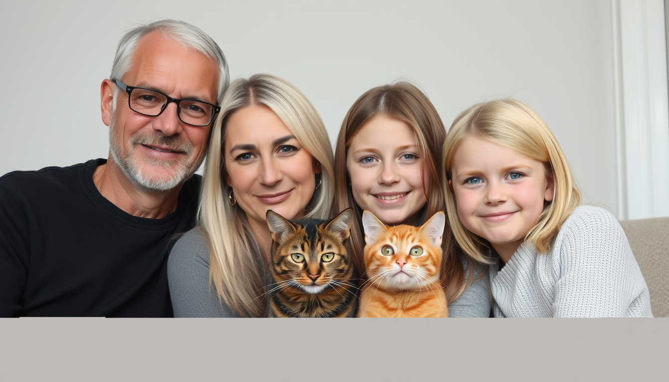 Main art studio: Family. Vater 42 mit Glatze und Bart. Mutter 40 Jahre blonde Schulter lange Haare. Tochter 23 Jahre alt, braune lange Haare, Tochter 10 Jahre alt, Bri