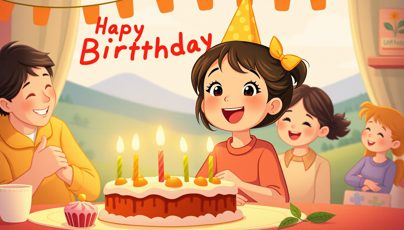 AI Art prompt example created from the prompt: 1. 🎂 The Birthday Warm whimsical children's-book illustration, happy 12-year-old girl on her birthday, excited smile, cozy family atmospher