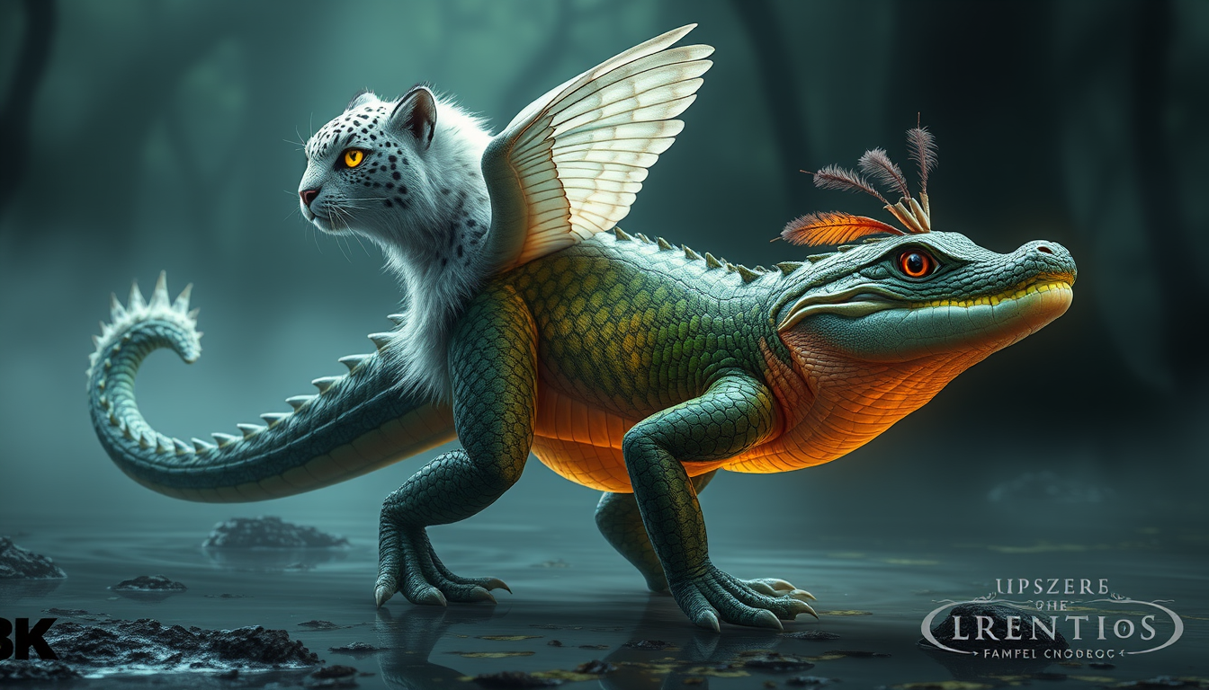 Creature idea created from the prompt: original fantasy creature concept, imaginative anatomy, detailed texture, A HD photorealistic fantasy creature, hybrid of 6 animals: fluffy