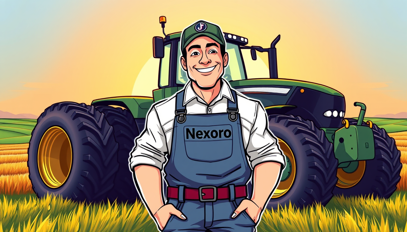 Main art studio: Cartoon gaming logo for a Farming Simulator 25 YouTube & TikTok channel. A cool, confident farmer wearing a cap and overalls stands in front of a huge