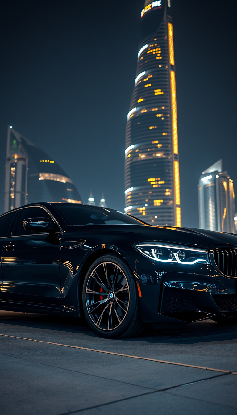 Main art studio: A stunning black BMW luxury sedan parked beside a futuristic skyscraper in Dubai at night, illuminated architecture, polished black paint, golden city