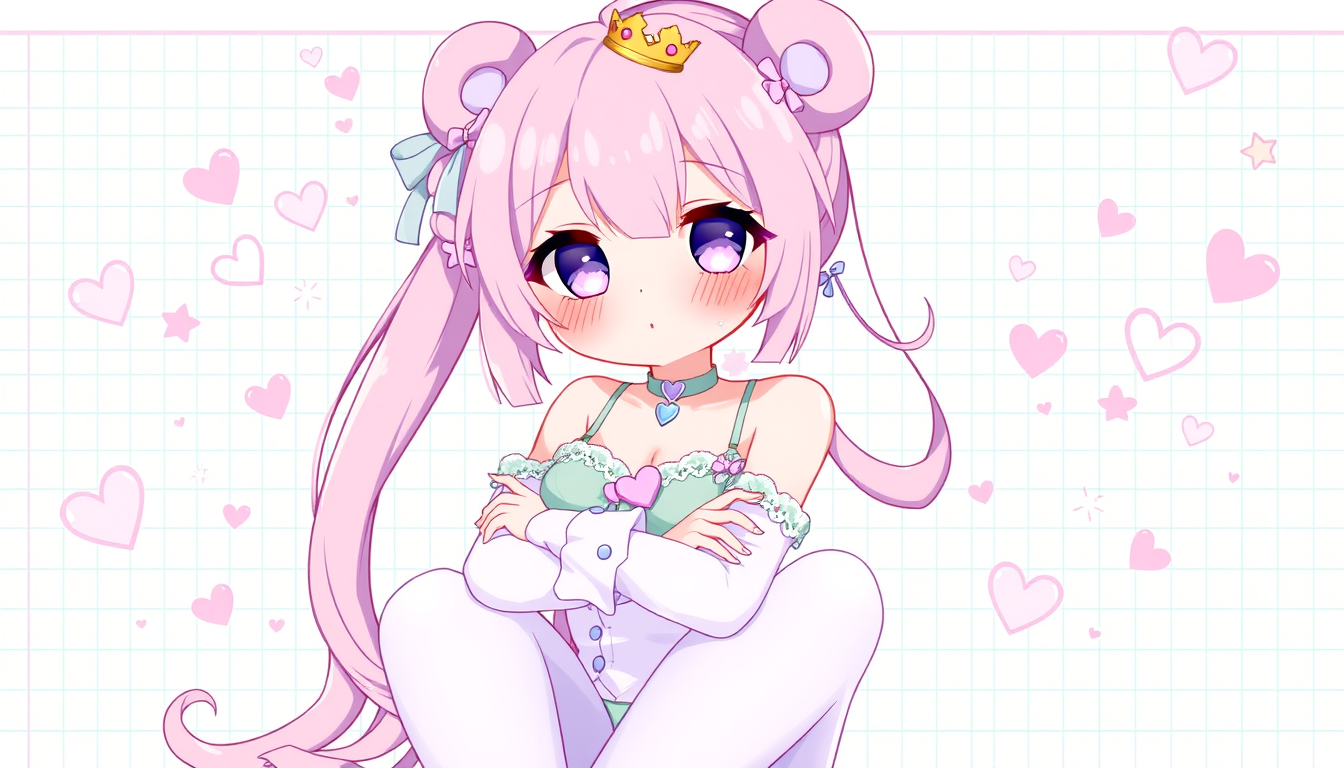 Main art studio: Pastel kawaii anime girl with extremely long cotton-candy pink hair, high side ponytail, sparkling lavender eyes, rosy cheeks, fluffy bear-ear accesso