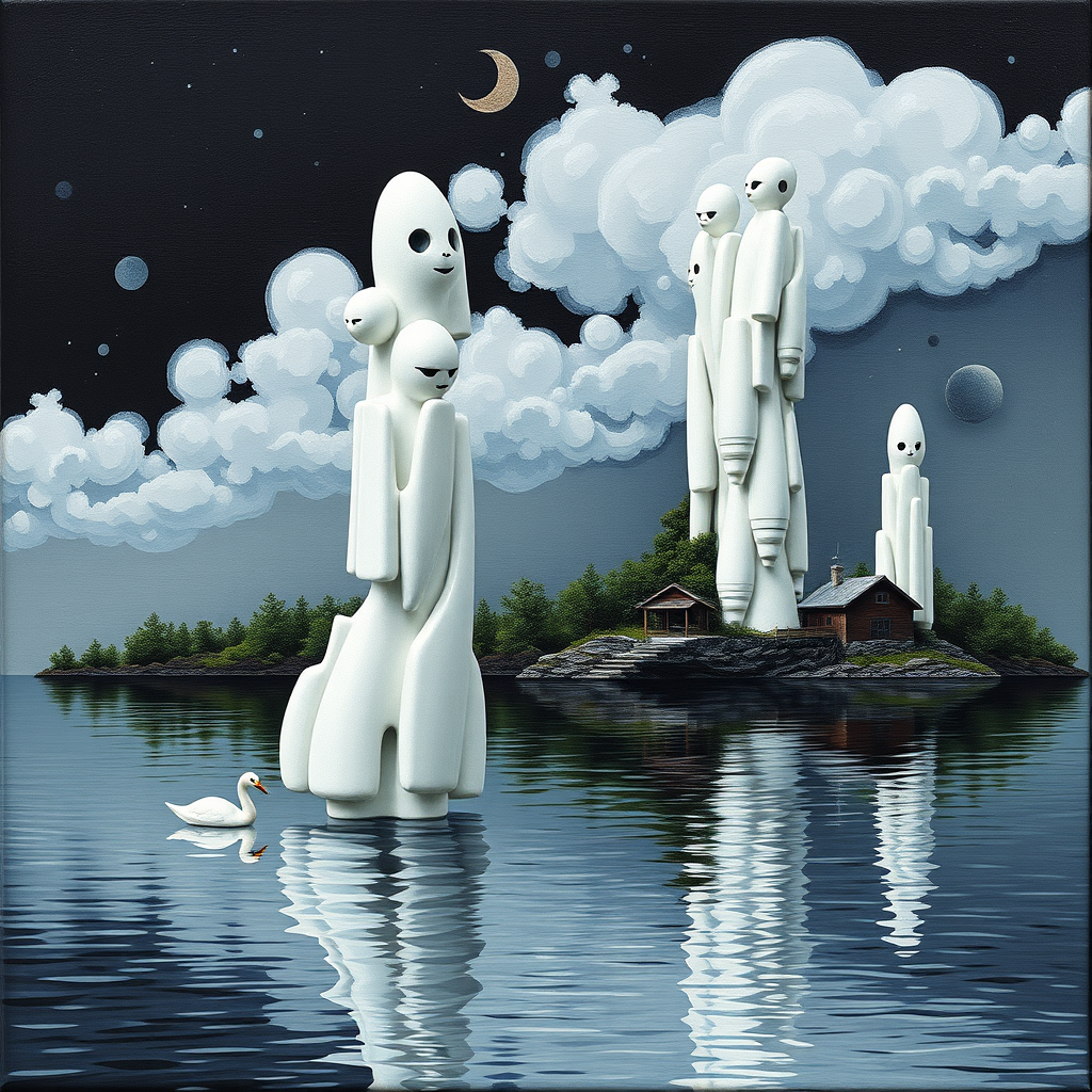 Main art studio: The words say: black lake/white lake - the porcelain towers. Its an abstract futuristc medialval painting but miniimal