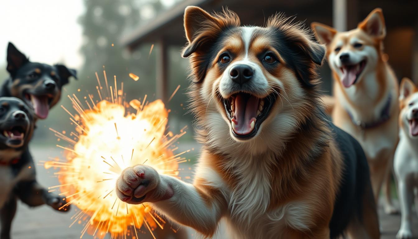 Main art studio: A dog trying to explode but fails and then accidentally pops instead and all the other dogs laugh at him