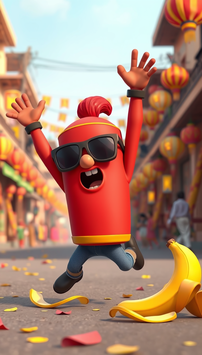 AI Art prompt example created from the prompt: Same cute red firecracker hero wearing sunglasses, slipping comically on a banana peel, arms flying in the air, exaggerated surprised expres