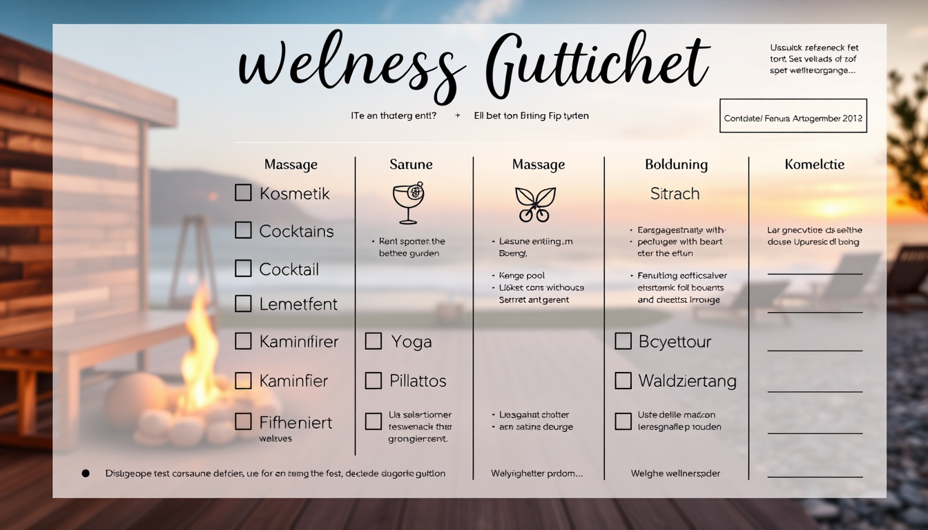 Main art studio: entwerfe einen wellnessgutschein mit checkliste für Sauna, Massage, Kosmetik, Pool, Cocktail, gesundem Essen, Kaminfeuer, Yoga, Pilates, Fahrradtour,