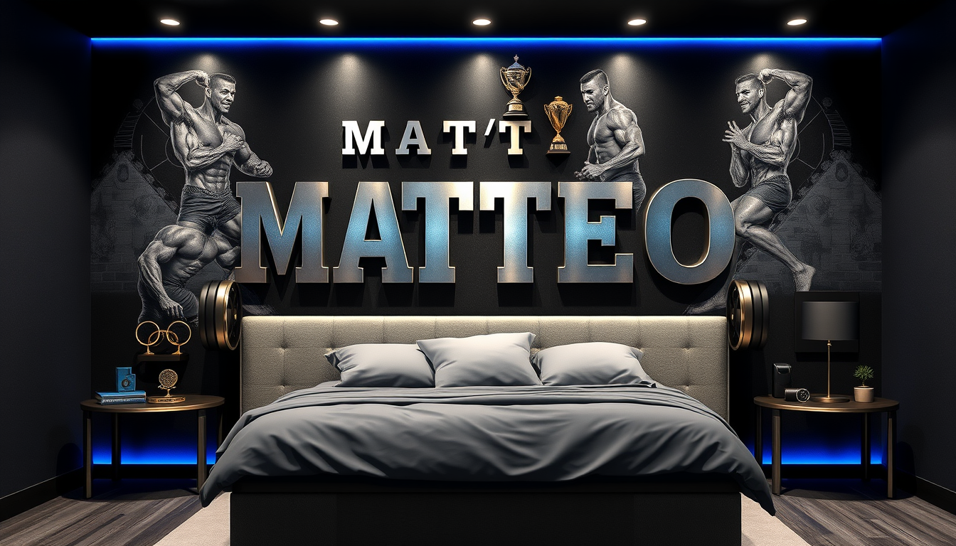 Main art studio: Affiche personnalisée pour chambre d’athlète avec le prénom « MATTÉO », style bodybuilding premium, fond noir et gris, lettres métalliques, haltères,